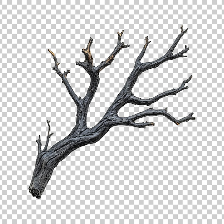 PSD rama de árbol retorcida con musgo y ramas en un fondo transparente