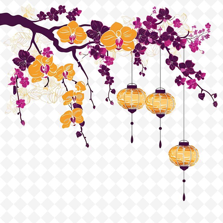 PSD rama elegante con linternas colgantes y orquídeas linterna png natural inspirado borde plano