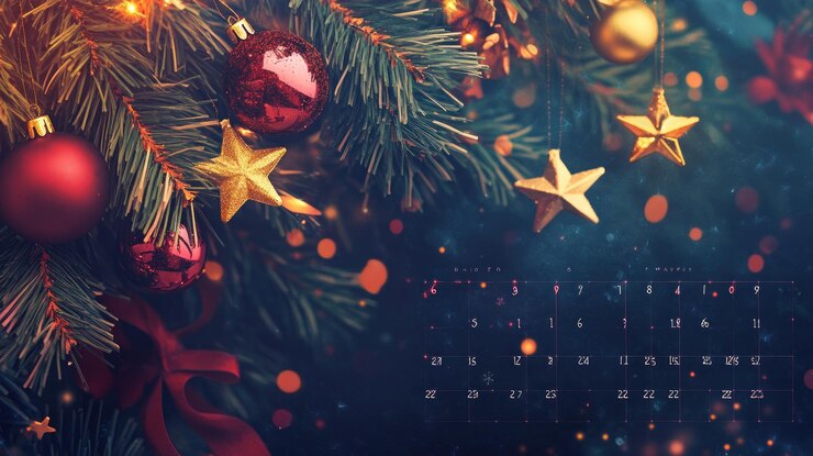 PSD la rama festiva del árbol de navidad con adornos, estrellas, luces y un calendario borroso de diciembre.