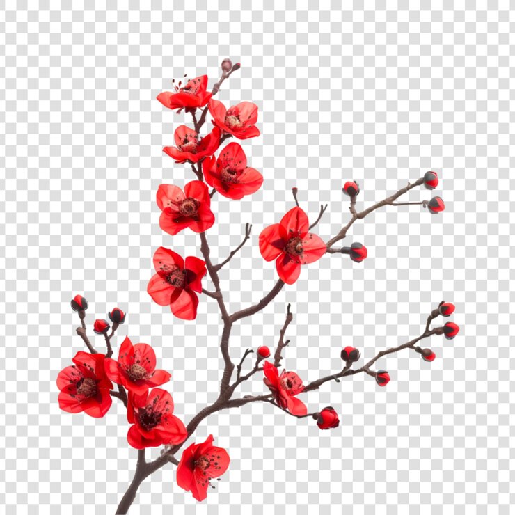 PSD una rama de flor roja en un fondo transparente