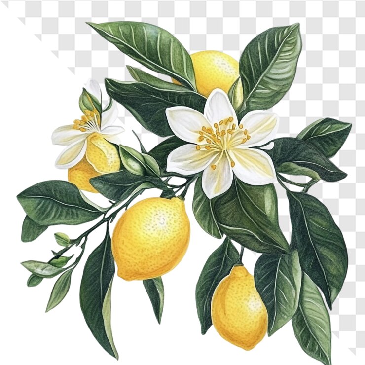 PSD la rama del limón con sus flores, sus vibrantes frutos amarillos y sus exuberantes hojas verdes son una delicia de verano.