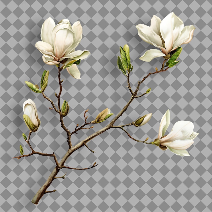 PSD la rama de la magnolia se extiende con una rama de árbol aislada grande y llamativa en bg limpio