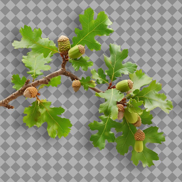 rama de roble alta y extendida con corteza áspera hojas pequeñas una rama de árbol aislada en BG limpio
