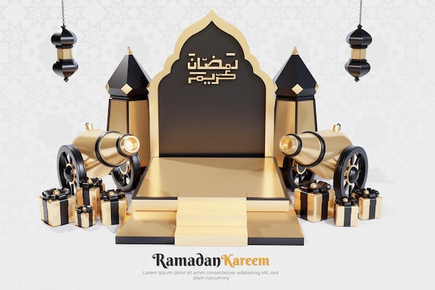 Ramadan-banner-vorlage mit 3d-podium und islamischer trommel