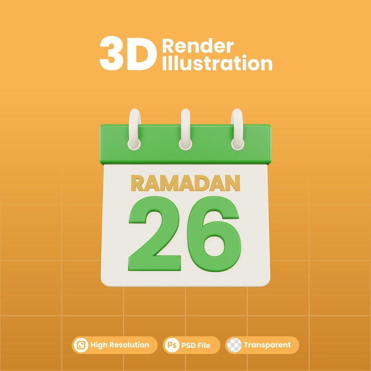 PSD ramadán calendario número 26 plantilla aislada 3d ilustración