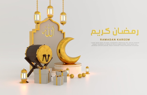 Ramadan Croissant De Lune Salutation Fond Avec Tambour Et Podium Lanternes Arabes Réalistes 3d