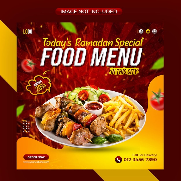 Ramadán delicioso menú de comida especial y restaurante publicación en redes sociales o diseño de plantilla de banner PSD