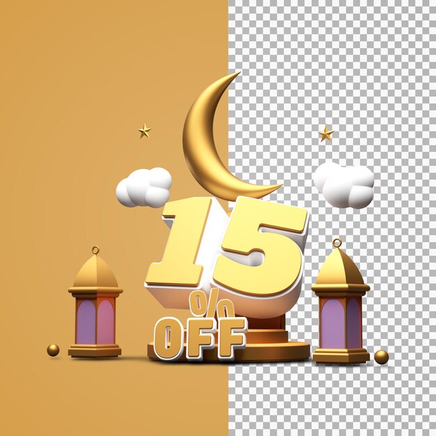 Ramadán descuento 15 por ciento de descuento 3d render aislado