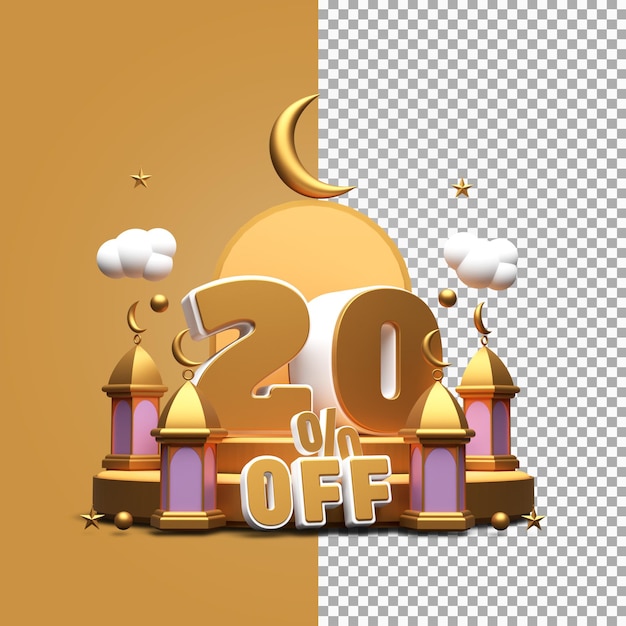 Ramadán descuento 20 por ciento de descuento 3d render aislado