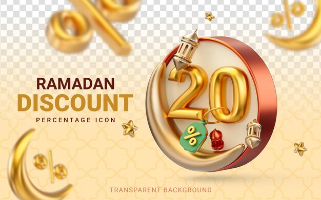 Ramadan e design de modelo de venda eid com oferta de desconto de 20 por cento e renderização de lanternas de ouro 3d