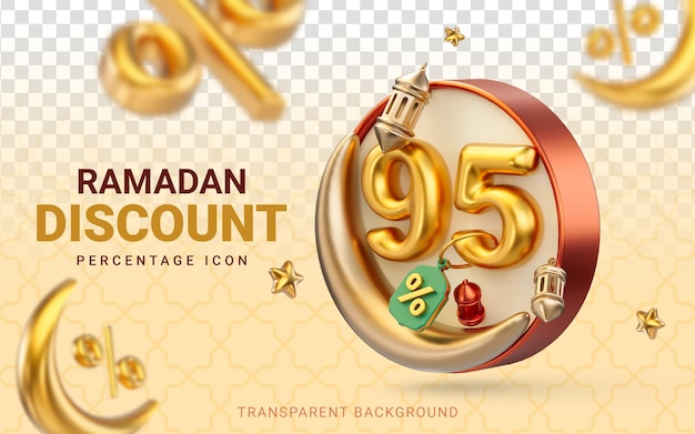 Ramadan e design de modelo de venda eid com oferta de desconto de 95 por cento e renderização 3d de lanternas de ouro