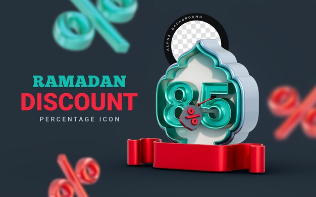 PSD ramadan et eid mega vente 85 % de réduction offre spéciale affiche ou bannière de promotion rendu 3d