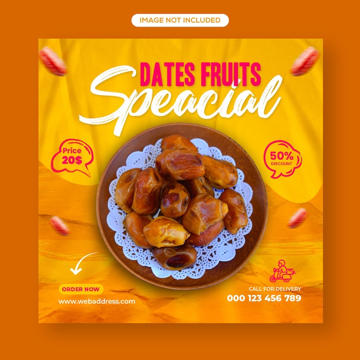 PSD ramadán fechas frescas especiales venta de frutas publicación en redes sociales y publicación en instagram diseño de banner web