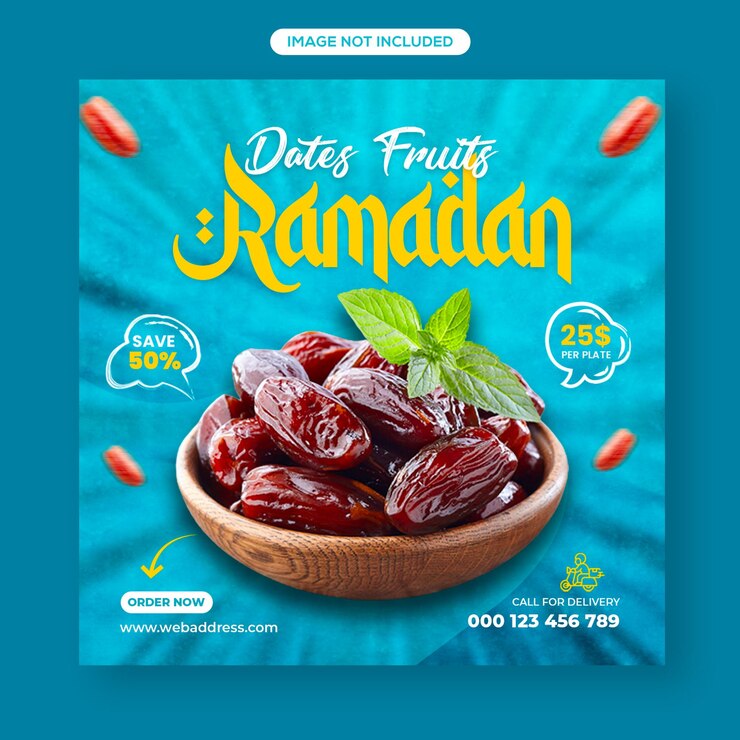 PSD ramadán fechas frescas especiales venta de frutas publicación en redes sociales y publicación en instagram diseño de banner web