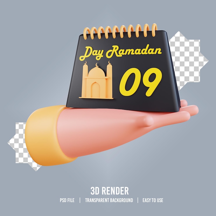 PSD ramadán de ilustración de mano 3d con icono de calendario 9