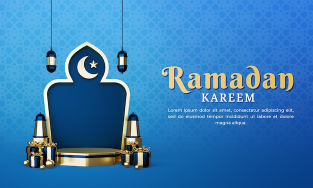 Ramadan islamische Grußvorlage mit 3D-Laternen-Geschenkboxen und Podium