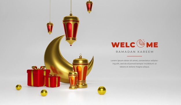 Ramadan kareem 3d-hintergrund-komposition mit 3d-mond und arabischen laternen