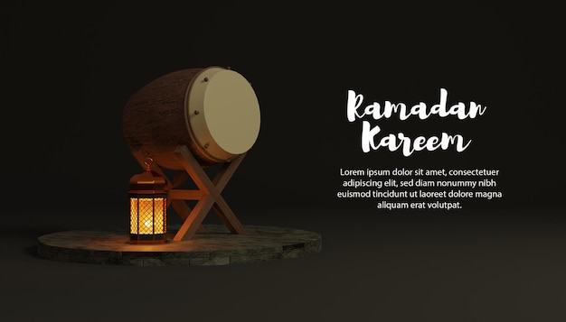Ramadan kareem 3d hintergrund mit bettwanze und lampe auf podium