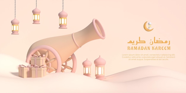 Ramadan Kareem 3D-Illustration mit Canyon-Laterne und Geschenkbox