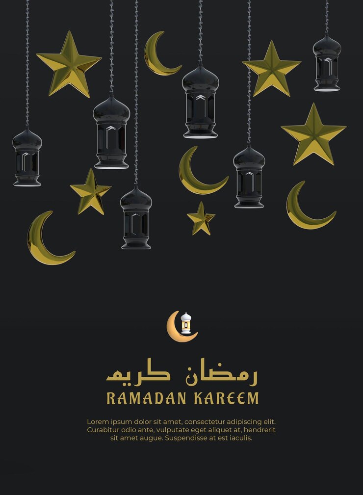 PSD ramadan kareem 3d illustration with lantern crescent stars premium psd