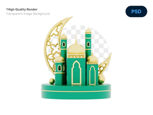 Ramadán kareem adorna un verde y dorado con mezquita y media luna en el podio
