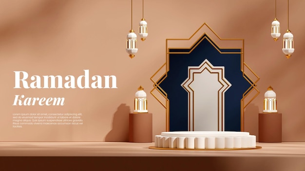 Ramadan kareem arabische lampe, 3d-rendering leerzeichen weiße farbe podium in landschaft