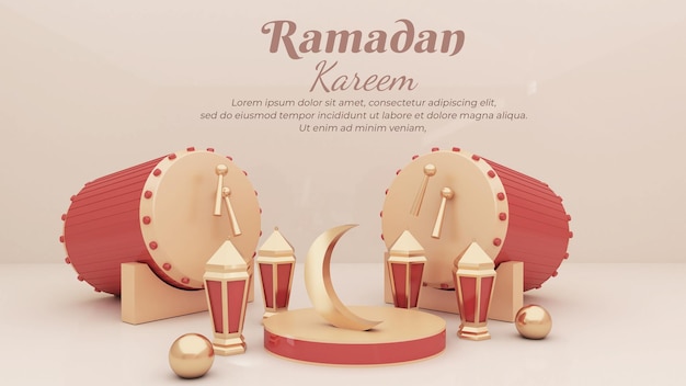 ramadan kareem background 3d render, composición con tambor islámico, linterna para saludar,