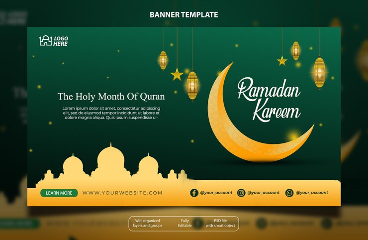 PSD ramadan kareem banner template with green and gold color