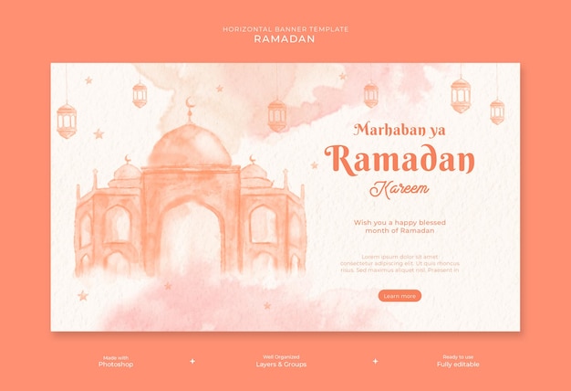 PSD ramadan kareem-banner-vorlage mit aquarellstruktur