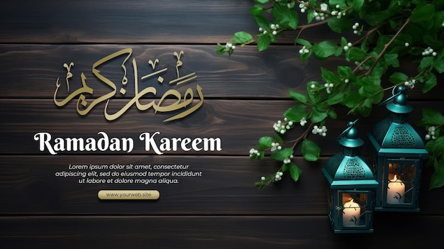 PSD ramadan kareem banner vorlage mit arabischen laternen und grünen zweigen auf dunklem holzgrund