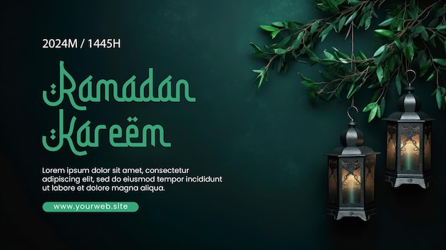 PSD ramadan kareem banner vorlage mit arabischen laternen und grünen zweigen auf dunklem holztisch