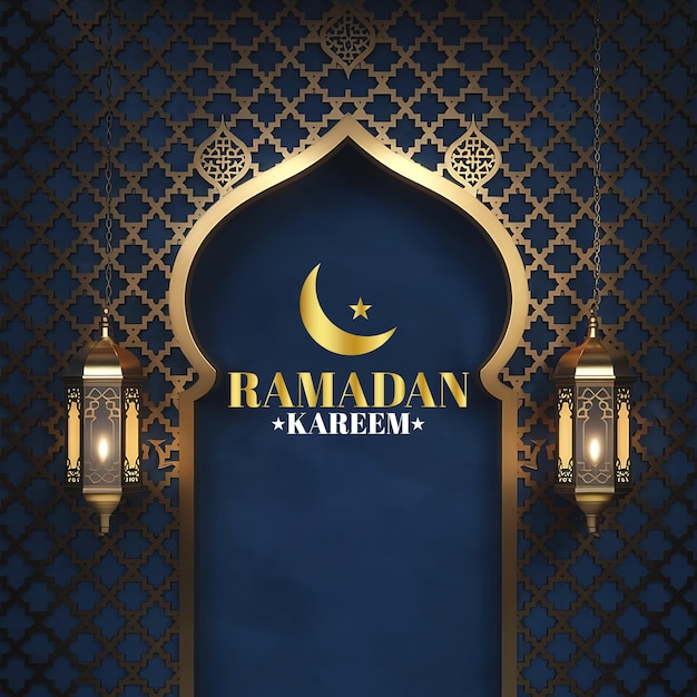 Ramadan Kareem Begrüßungsdesign mit tiefblauem Hintergrund und islamischen Mustern