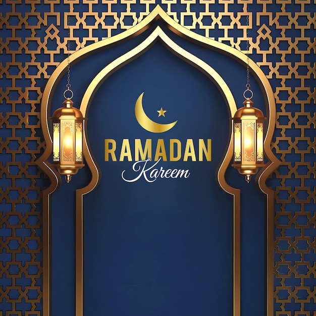 Ramadan Kareem Begrüßungsdesign mit tiefblauem Hintergrund und islamischen Mustern