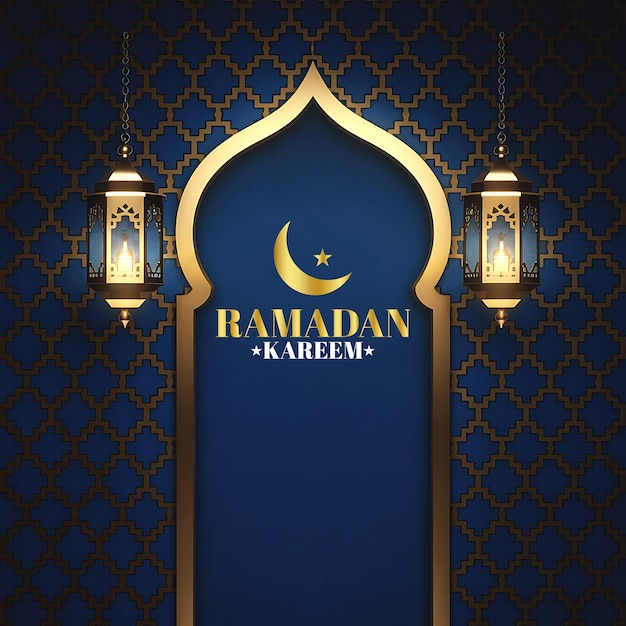 Ramadan Kareem Begrüßungsdesign mit tiefblauem Hintergrund und islamischen Mustern