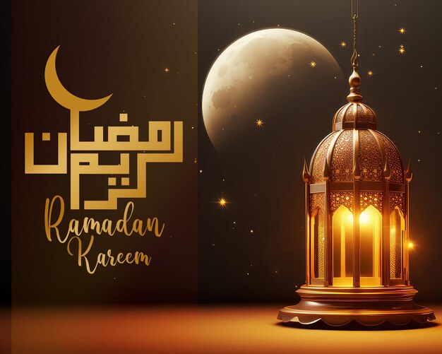 Ramadan kareem caligrafia árabe com lanterna islâmica e lua crescente