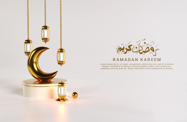 Ramadan kareem design islamico con lanterna araba a mezzaluna appesa realistico 3d con podio
