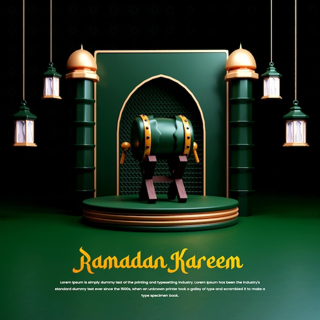Ramadán Kareem Diseño de fondo islámico o diseño de afiches de Ramadán en 3d con tambor de ramadán en 3d