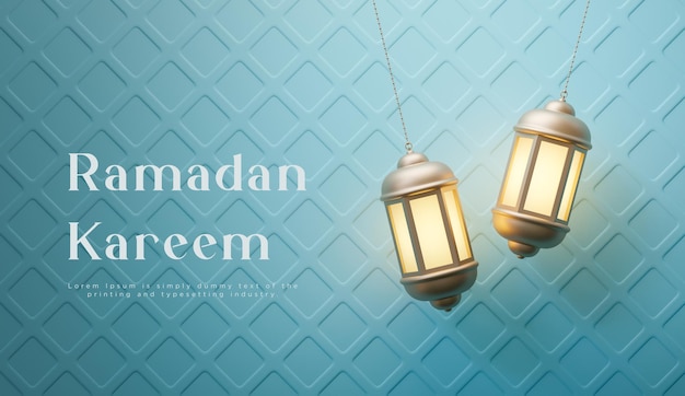 PSD ramadan kareem ou eid mubarak salutations islamiques lanterne décoration fond bleu rendu 3d