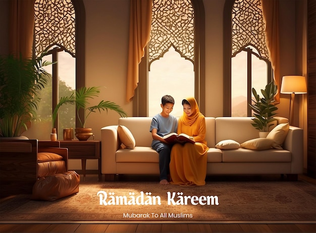 Ramadan Kareem Familie liest den Koran zusammen in einem warm beleuchteten Wohnzimmer Hintergrund