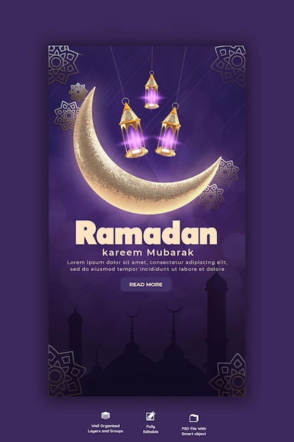 PSD ramadan kareem fête islamique traditionnelle histoire religieuse instagram et facebook