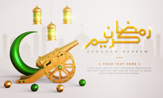 Ramadan kareem fond de voeux islamique avec canon, croissant de lune, lanterne et motif arabe et calligraphie