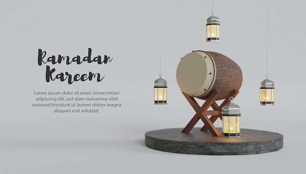Ramadán kareem fondo 3d con bedug y lámpara en el podio
