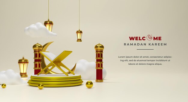 Ramadán kareem fondo 3d con luna 3d y linternas árabes