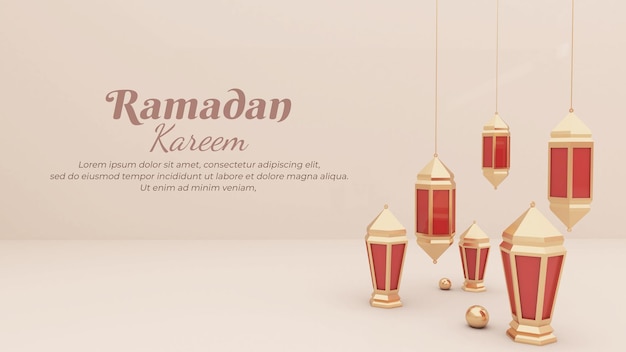 ramadan kareem fondo 3d render, linterna para saludo, pancarta, cartel