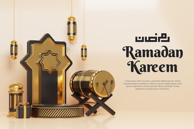 Ramadán kareem fondo de saludo islámico con linterna de luna creciente y adornos de objetos de decoración islámica copiar texto fondo islámico
