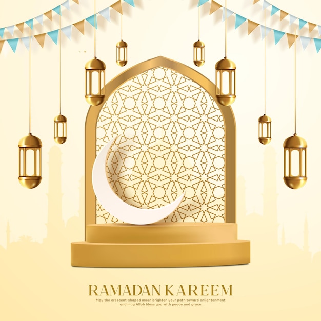 ramadan kareem fondo de saludo islámico luna creciente dorada y fondo de linternas
