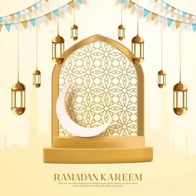 Ramadan kareem fondo de saludo islámico luna creciente dorada y fondo de linternas