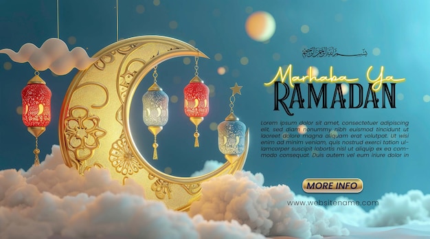 Ramadan kareem grüßkarte goldhalbmondmuster mond mit wolken ramadan postervorlage