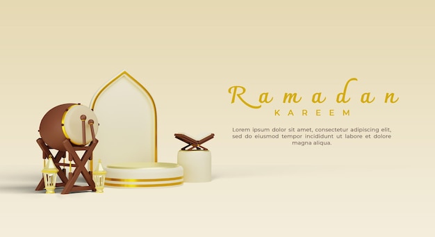 Ramadan Kareem-Gruß-Hintergrundillustration mit traditioneller 3D-Trommelpodiumlaterne und Koran