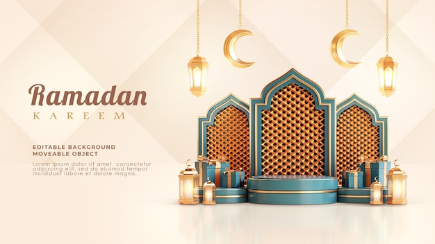 Ramadan Kareem-Grußhintergrund 3d Podium Arabisch Islamische Laterne Halbmond Grün Cyan
